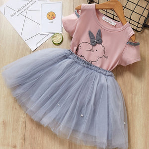 Casual Girls Dresses New Summer Kids Clothes Fashion Cartoon Cute Girl Ball Gown Dress Round Neck Cat Printed Princess Dress