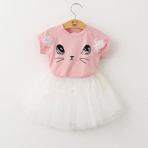 Casual Girls Dresses New Summer Kids Clothes Fashion Cartoon Cute Girl Ball Gown Dress Round Neck Cat Printed Princess Dress