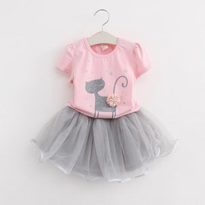 Casual Girls Dresses New Summer Kids Clothes Fashion Cartoon Cute Girl Ball Gown Dress Round Neck Cat Printed Princess Dress