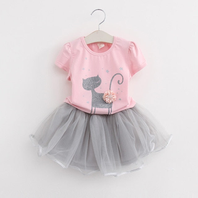 Casual Girls Dresses New Summer Kids Clothes Fashion Cartoon Cute Girl Ball Gown Dress Round Neck Cat Printed Princess Dress