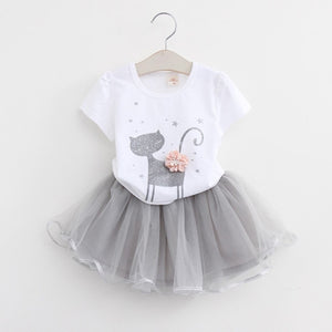 Casual Girls Dresses New Summer Kids Clothes Fashion Cartoon Cute Girl Ball Gown Dress Round Neck Cat Printed Princess Dress