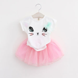 Casual Girls Dresses New Summer Kids Clothes Fashion Cartoon Cute Girl Ball Gown Dress Round Neck Cat Printed Princess Dress