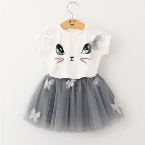 Casual Girls Dresses New Summer Kids Clothes Fashion Cartoon Cute Girl Ball Gown Dress Round Neck Cat Printed Princess Dress