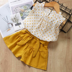 Cute Girls Clothing Sets Summer Casual Print Kids Clothing Sets Sleeveless Chiffon T-shirt Shorts 2PCS New Children Girls Suit