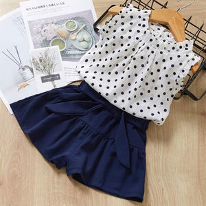 Cute Girls Clothing Sets Summer Casual Print Kids Clothing Sets Sleeveless Chiffon T-shirt Shorts 2PCS New Children Girls Suit