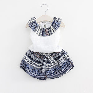 Cute Girls Clothing Sets Summer Casual Print Kids Clothing Sets Sleeveless Chiffon T-shirt Shorts 2PCS New Children Girls Suit