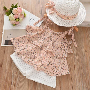 Cute Girls Clothing Sets Summer Casual Print Kids Clothing Sets Sleeveless Chiffon T-shirt Shorts 2PCS New Children Girls Suit