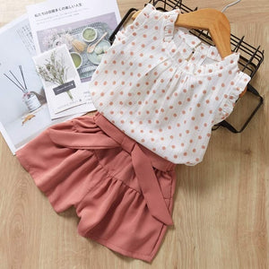 Cute Girls Clothing Sets Summer Casual Print Kids Clothing Sets Sleeveless Chiffon T-shirt Shorts 2PCS New Children Girls Suit