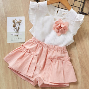 Cute Girls Clothing Sets Summer Casual Print Kids Clothing Sets Sleeveless Chiffon T-shirt Shorts 2PCS New Children Girls Suit