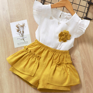 Cute Girls Clothing Sets Summer Casual Print Kids Clothing Sets Sleeveless Chiffon T-shirt Shorts 2PCS New Children Girls Suit