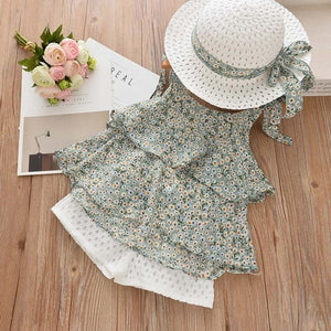 Cute Girls Clothing Sets Summer Casual Print Kids Clothing Sets Sleeveless Chiffon T-shirt Shorts 2PCS New Children Girls Suit