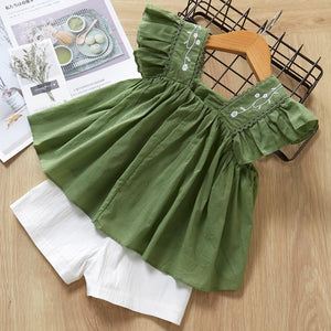 Cute Girls Clothing Sets Summer Casual Print Kids Clothing Sets Sleeveless Chiffon T-shirt Shorts 2PCS New Children Girls Suit