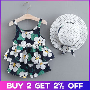 Cute Girls Clothing Sets Summer Casual Print Kids Clothing Sets Sleeveless Chiffon T-shirt Shorts 2PCS New Children Girls Suit